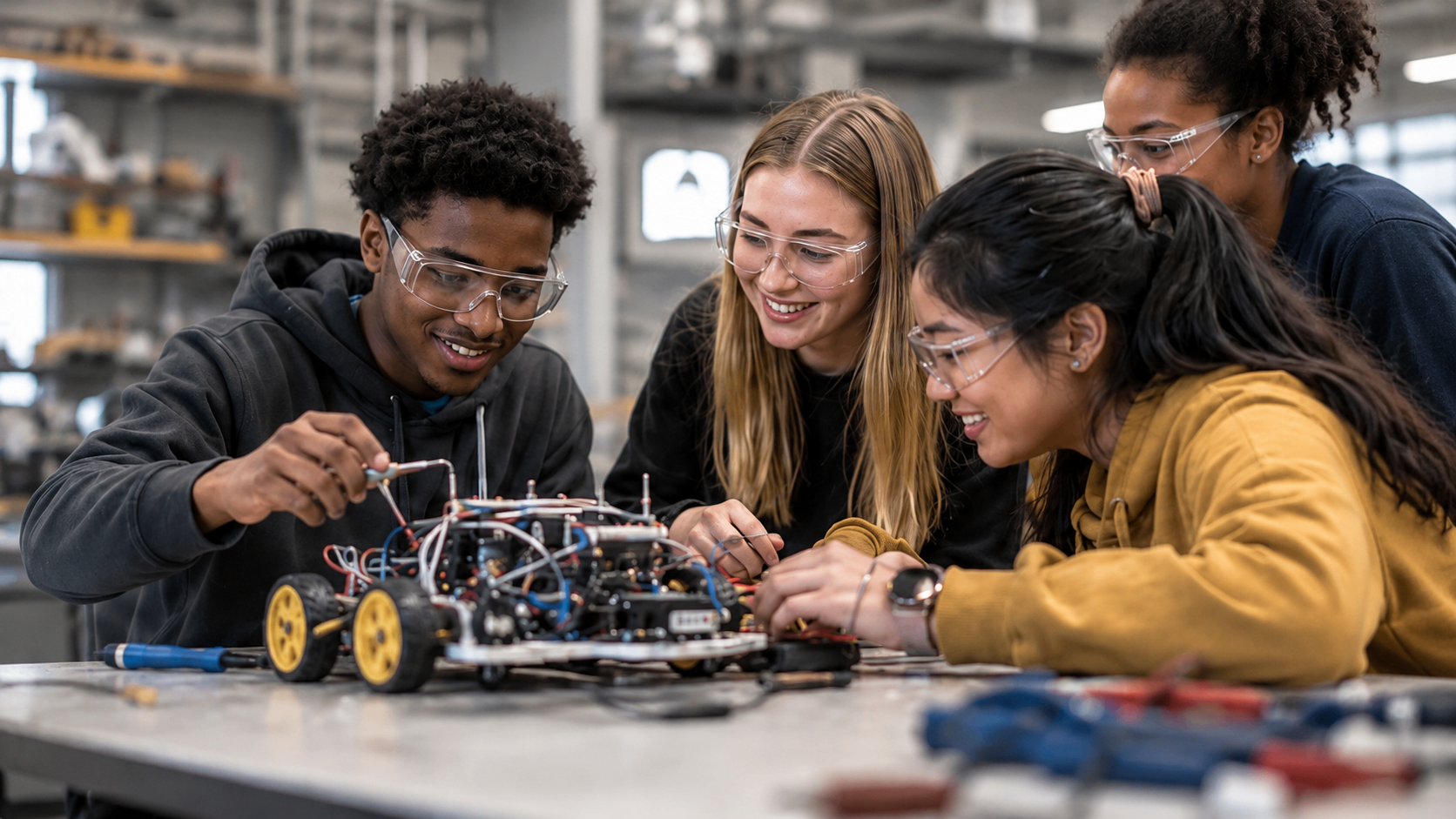 A diverse group of young students collaborating on a small robotics project
